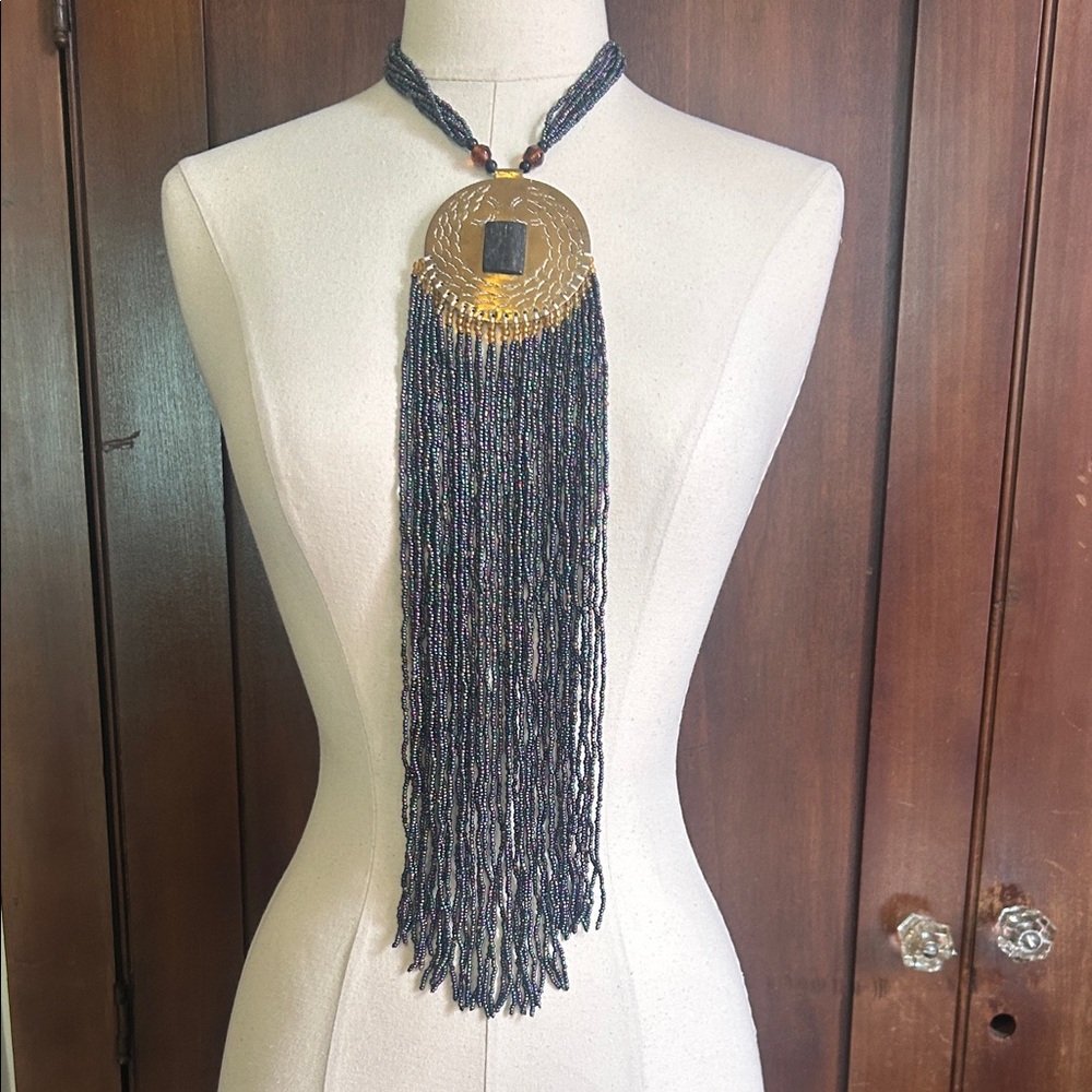 Handmade African Black Beaded Fringe Necklace with Gold Pendant